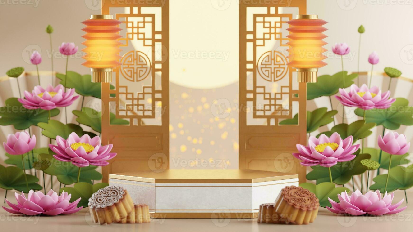 3D rendering podium for mid autumn festival holiday or chinese new year, chinese festivals with,lanterns, flower, moon, rabbit ,mooncake,tea pot and asian elements on background. photo