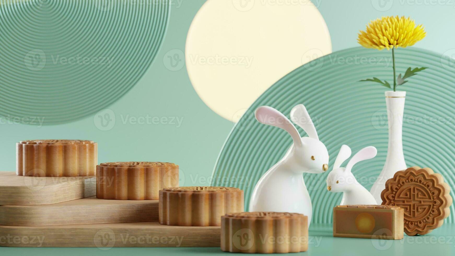 3D rendering for mid autumn festival holiday or chinese new year, chinese festivals with,lanterns, flower, moon, rabbit ,mooncake,tea pot and asian elements on background. photo