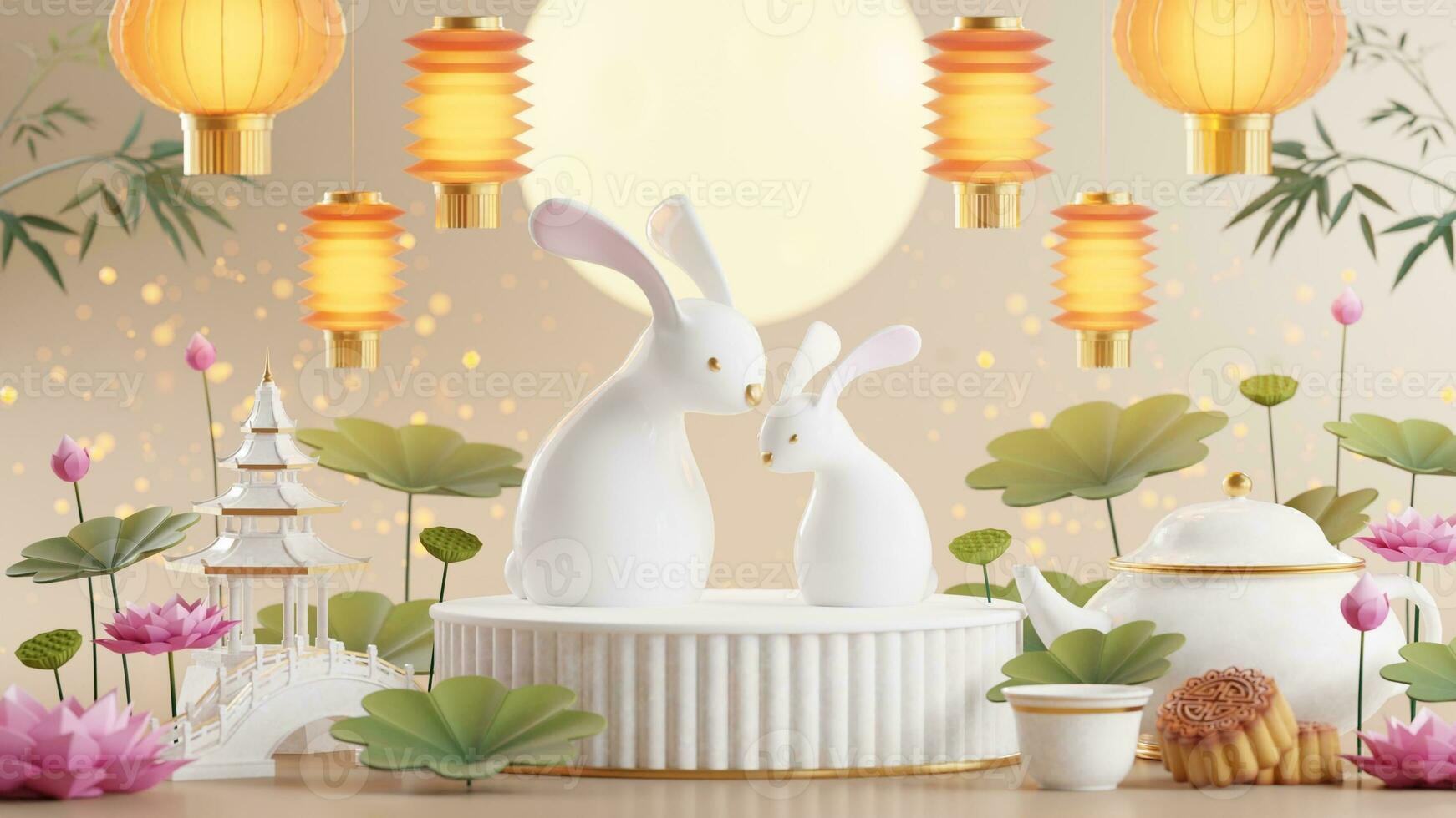 3D rendering for mid autumn festival holiday or chinese new year, chinese festivals with,lanterns, flower, moon, rabbit ,mooncake,tea pot and asian elements on background. photo