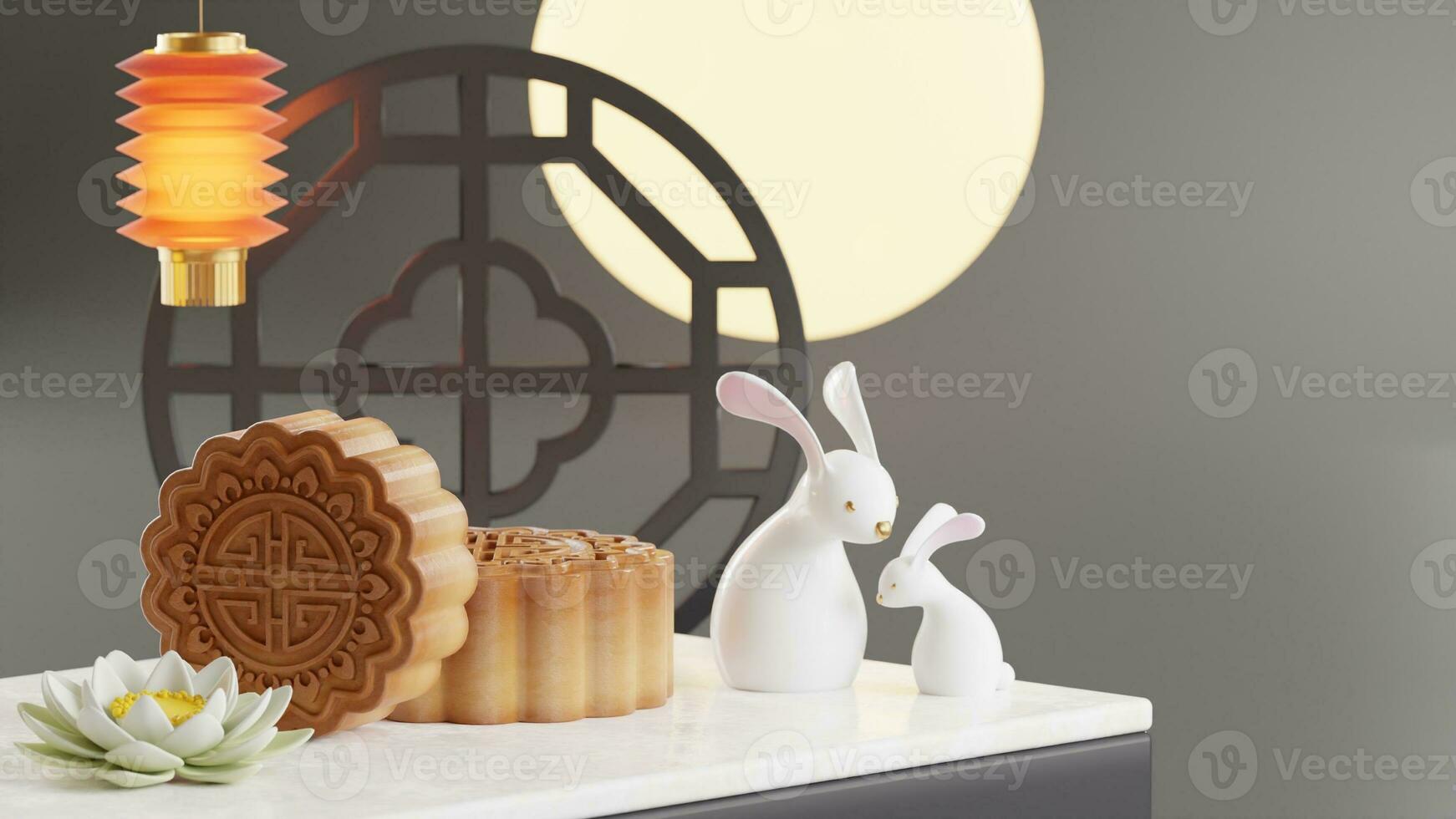 3D rendering for mid autumn festival holiday or chinese new year, chinese festivals with,lanterns, flower, moon, rabbit ,mooncake,tea pot and asian elements on background. photo