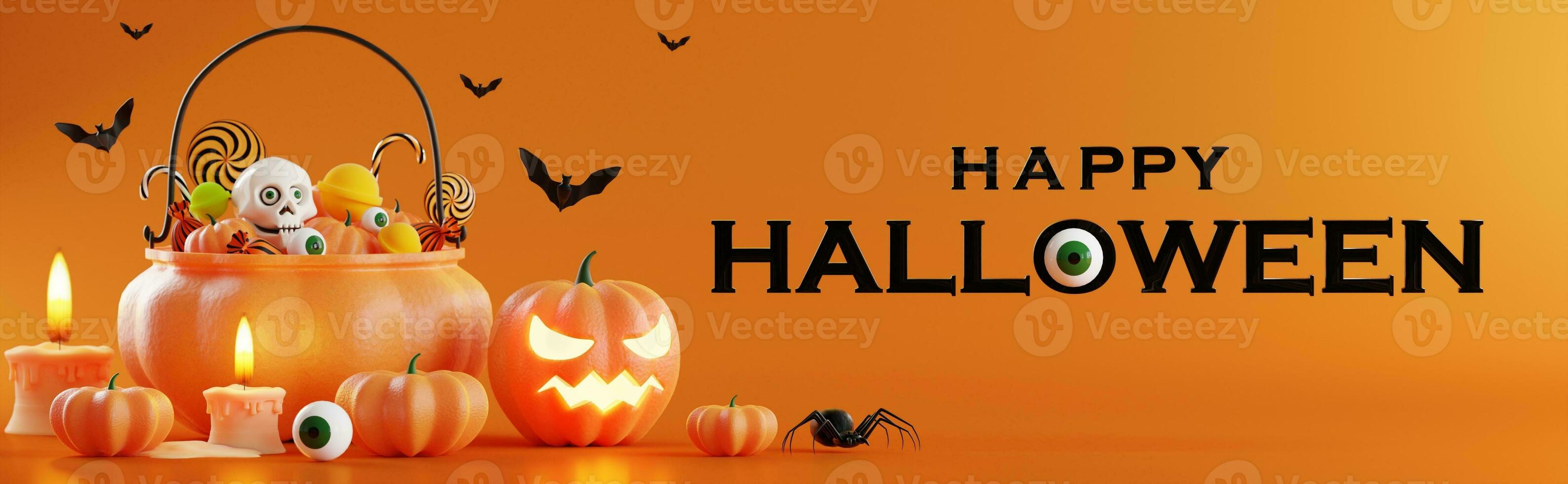 3d rendering illustration design for halloween banner with pumpkin,crucifix, skull, candle, candy, givebox ,grave on background. photo
