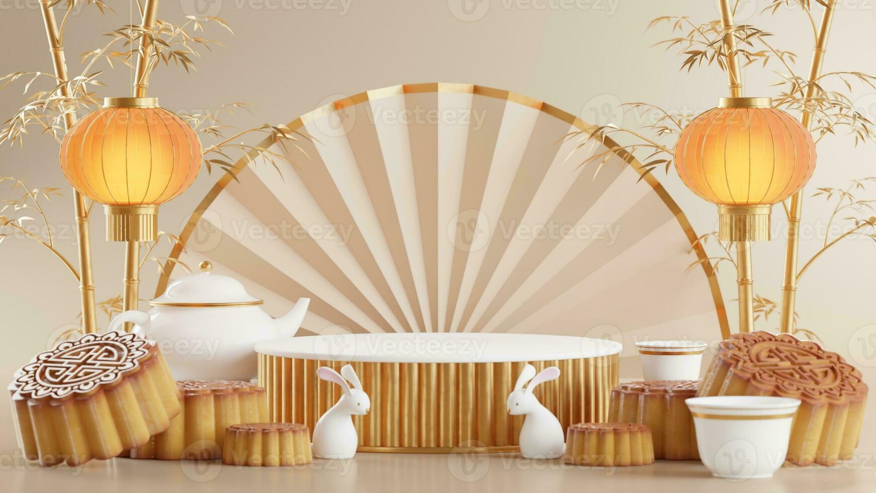 3D rendering podium for mid autumn festival holiday or chinese new year, chinese festivals with,lanterns, flower, moon, rabbit ,mooncake,tea pot and asian elements on background. photo