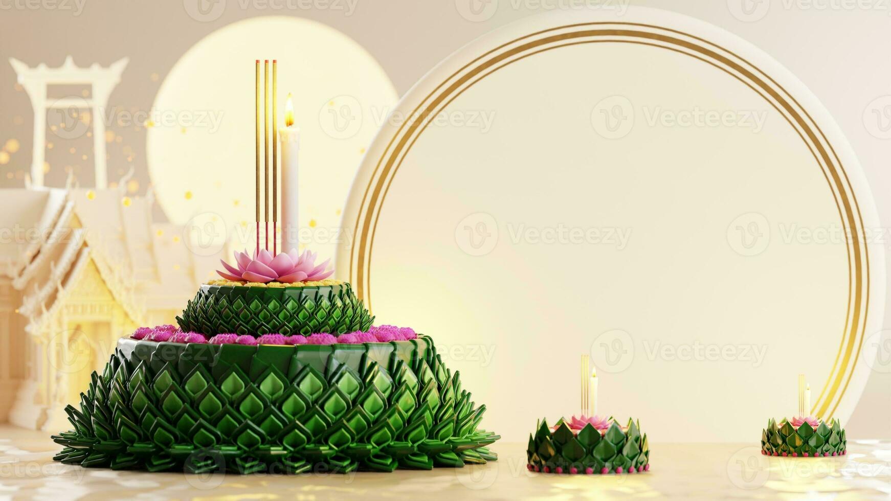 3d rendering illustration Loy Krathong festival  and Yi Peng festival in thailand  krathong from banana leaves, flowers, candles and incense sticks, fullmoon, river, and night background color. photo