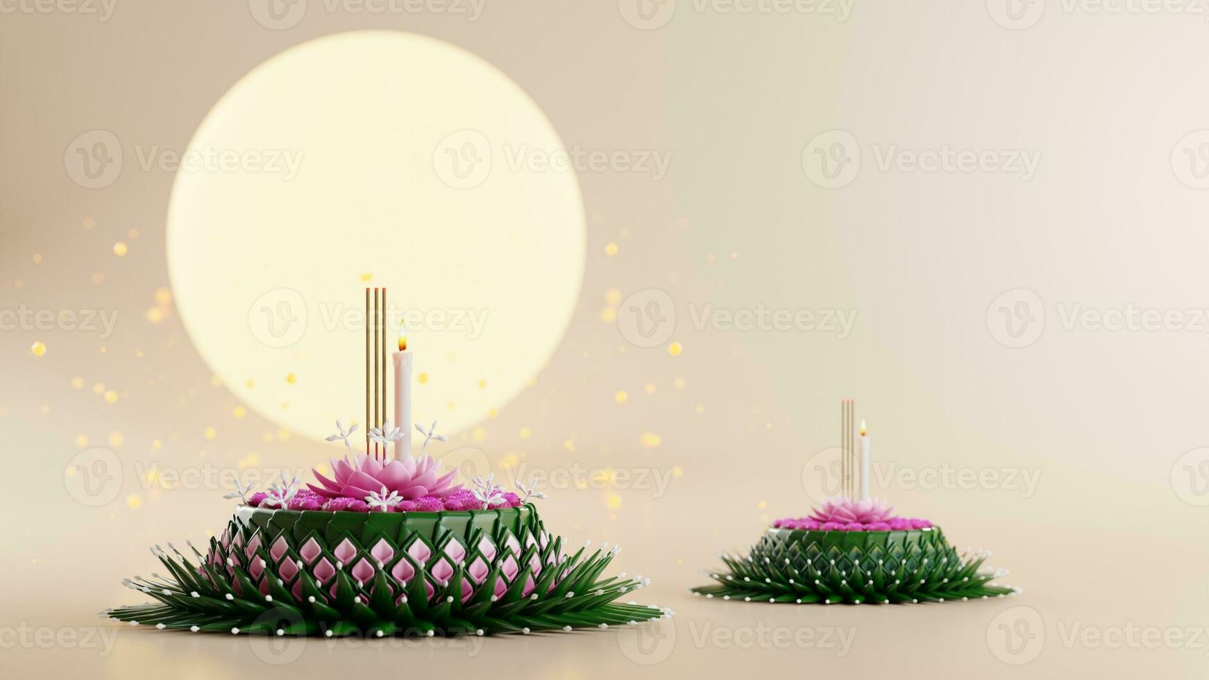 3d rendering illustration Loy Krathong festival  and Yi Peng festival in thailand  krathong from banana leaves, flowers, candles and incense sticks, fullmoon, river, and night background color. photo