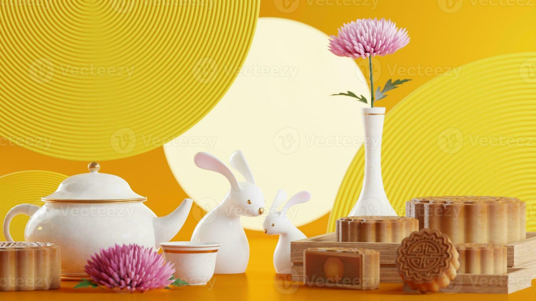 3D rendering for mid autumn festival holiday or chinese new year, chinese festivals with,lanterns, flower, moon, rabbit ,mooncake,tea pot and asian elements on background. photo