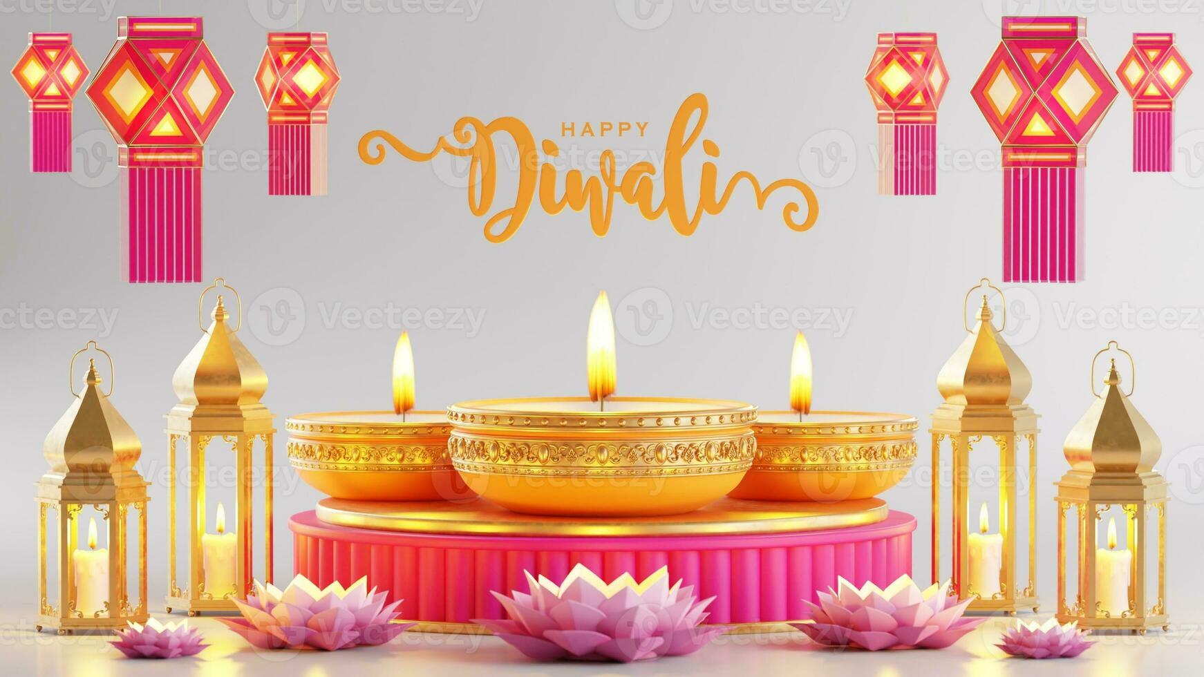 3D rendering for diwali festival Diwali, Deepavali or Dipavali the festival of lights india with gold diya on podium, patterned and crystals on color Background. photo