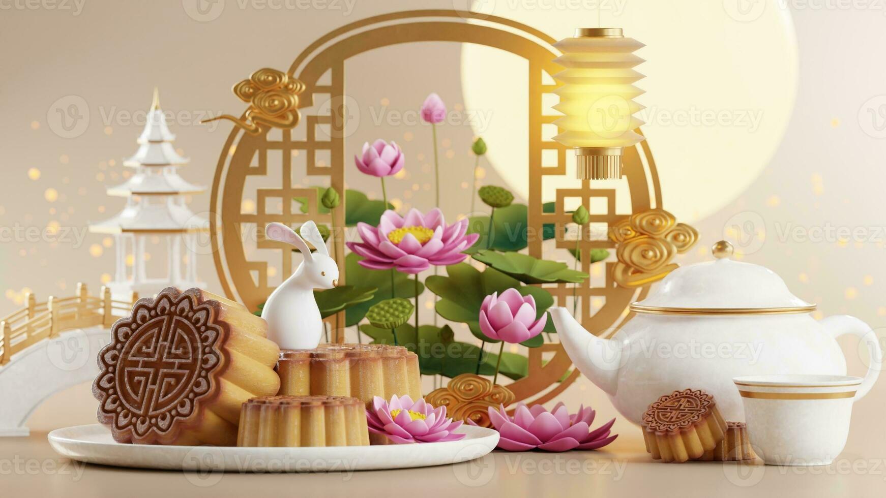 3D rendering for mid autumn festival holiday or chinese new year, chinese festivals with,lanterns, flower, moon, rabbit ,mooncake,tea pot and asian elements on background. photo