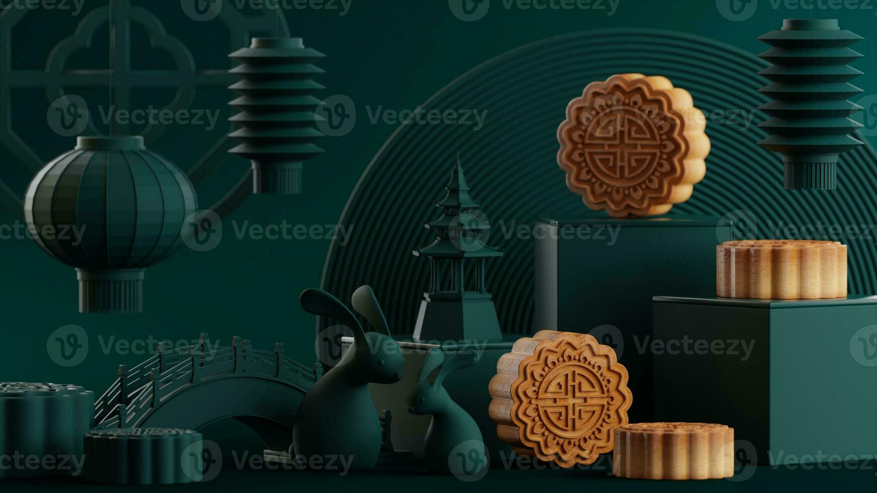 3D rendering for mid autumn festival holiday or chinese new year, chinese festivals with,lanterns, flower, moon, rabbit ,mooncake,tea pot and asian elements on background. photo