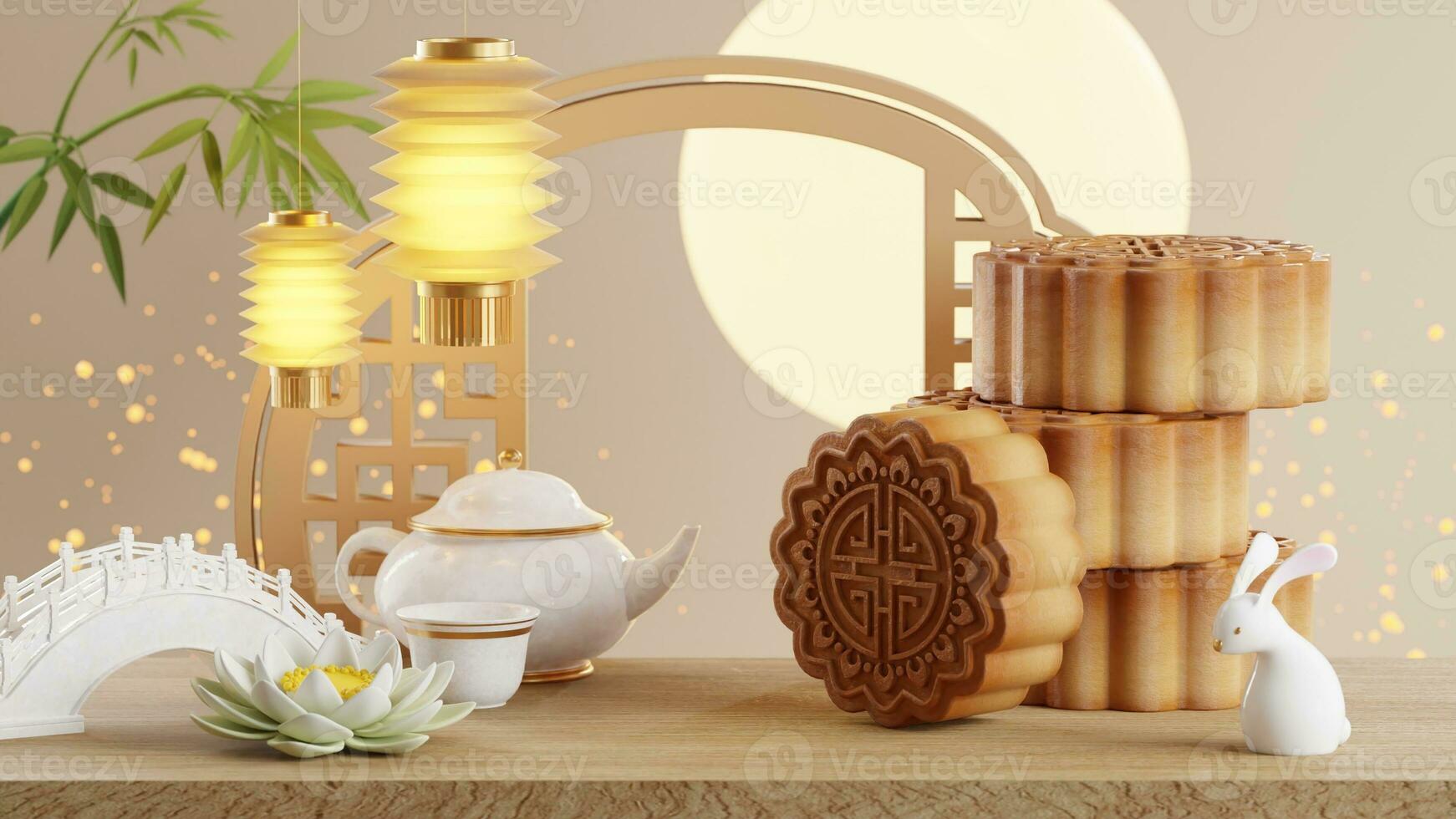 3D rendering for mid autumn festival holiday or chinese new year, chinese festivals with,lanterns, flower, moon, rabbit ,mooncake,tea pot and asian elements on background. photo