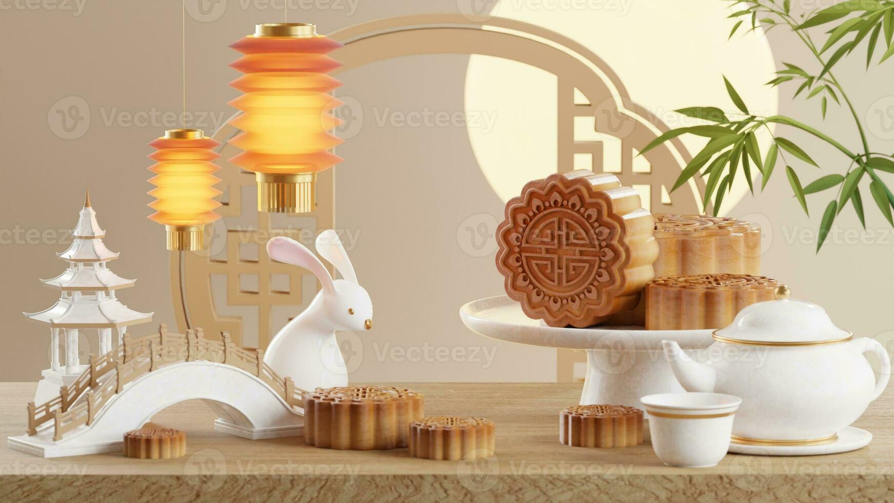 3D rendering for mid autumn festival holiday or chinese new year, chinese festivals with,lanterns, flower, moon, rabbit ,mooncake,tea pot and asian elements on background. photo