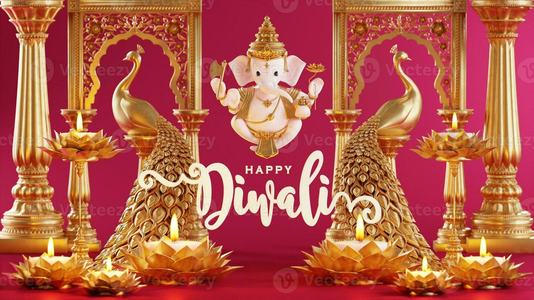 3D rendering for diwali festival Diwali, Deepavali or Dipavali the festival of lights india with gold diya on podium, patterned and crystals on color Background. photo