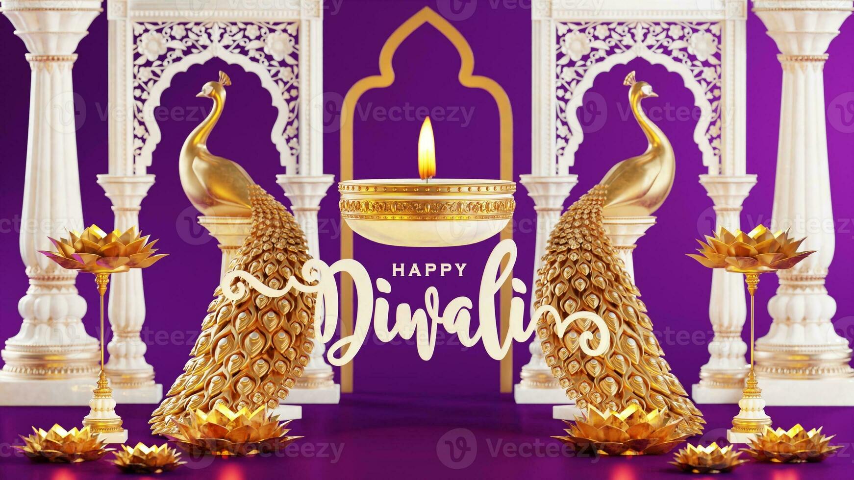 3D rendering for diwali festival Diwali, Deepavali or Dipavali the festival of lights india with gold diya on podium, patterned and crystals on color Background. photo