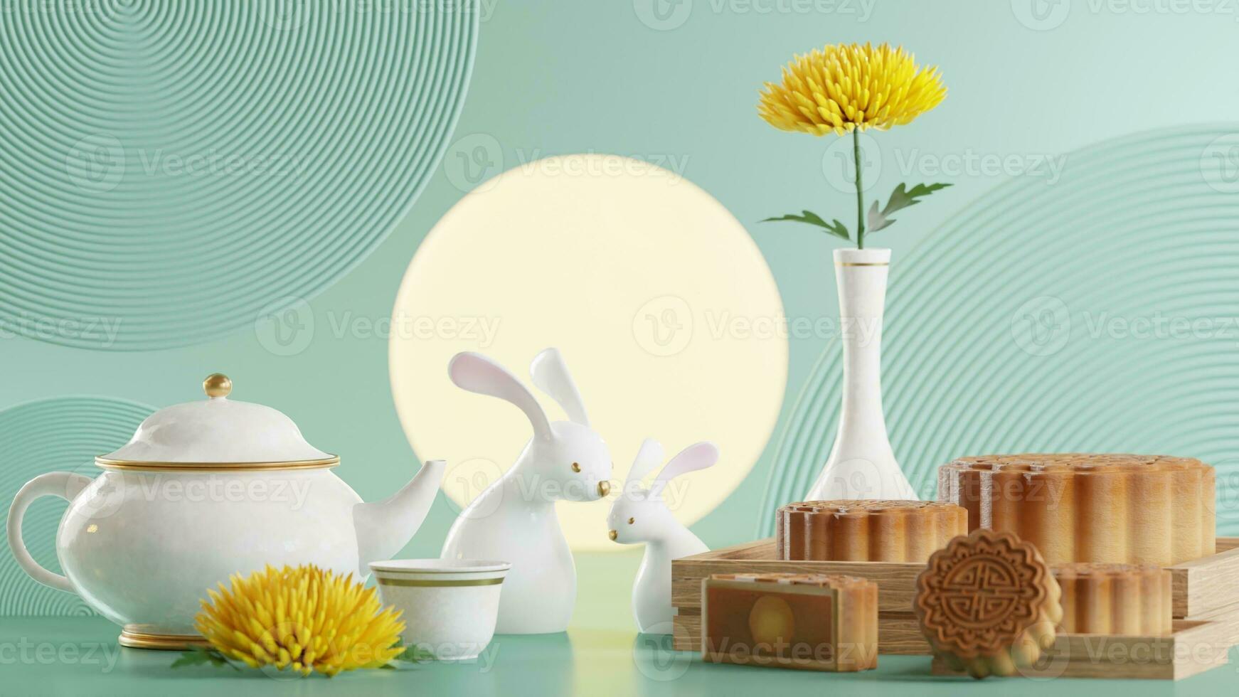 3D rendering for mid autumn festival holiday or chinese new year, chinese festivals with,lanterns, flower, moon, rabbit ,mooncake,tea pot and asian elements on background. photo