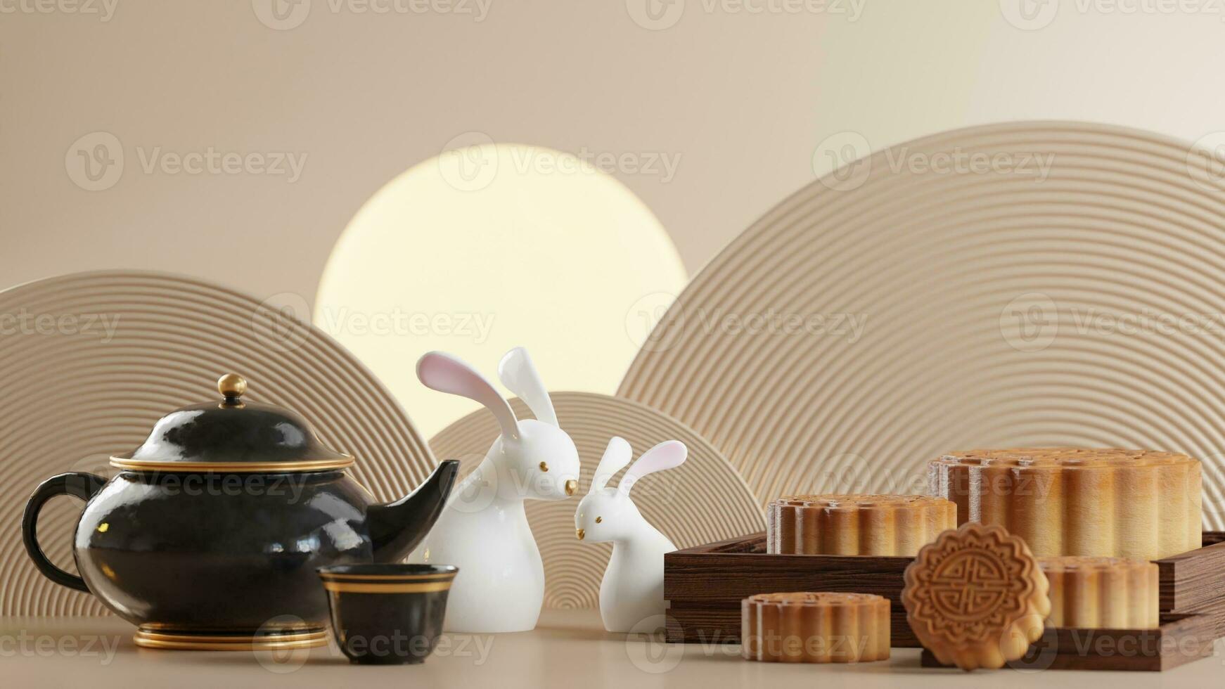 3D rendering for mid autumn festival holiday or chinese new year, chinese festivals with,lanterns, flower, moon, rabbit ,mooncake,tea pot and asian elements on background. photo