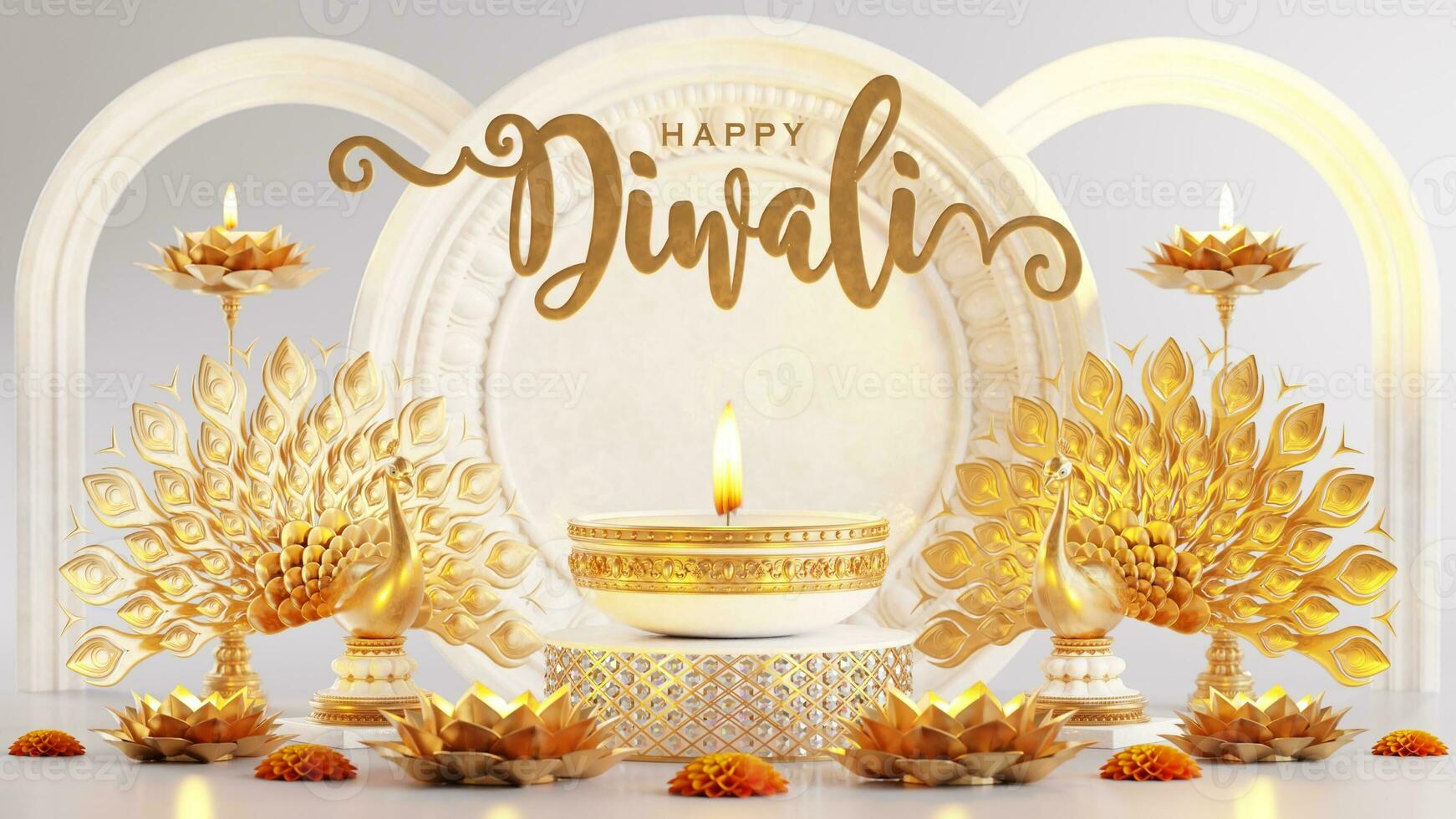 3D rendering for diwali festival Diwali, Deepavali or Dipavali the festival of lights india with gold diya on podium, patterned and crystals on color Background. photo