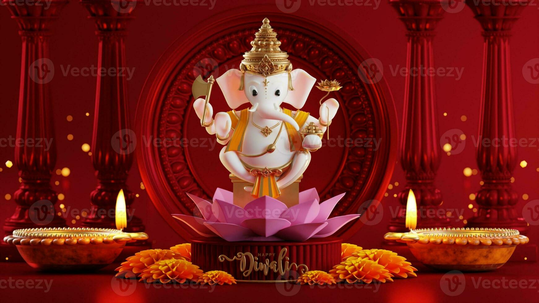 3D rendering for diwali festival Diwali, Deepavali or Dipavali the festival of lights india with gold diya on podium, patterned and crystals on color Background. photo