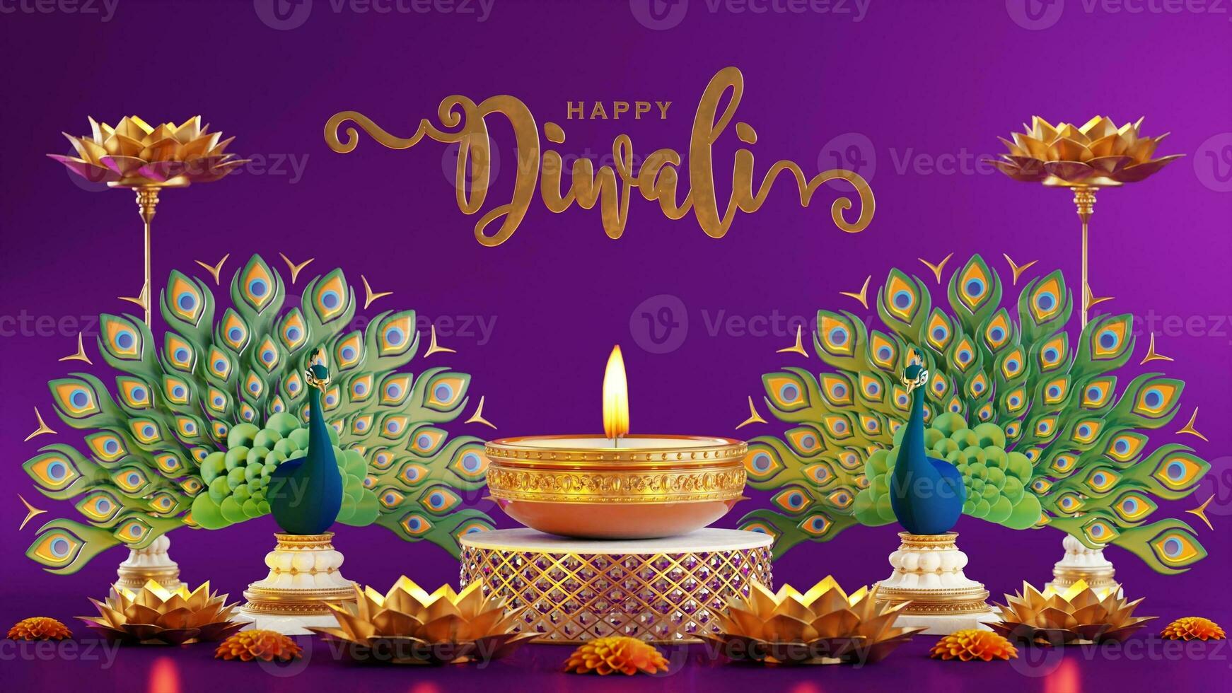 3D rendering for diwali festival Diwali, Deepavali or Dipavali the festival of lights india with gold diya on podium, patterned and crystals on color Background. photo