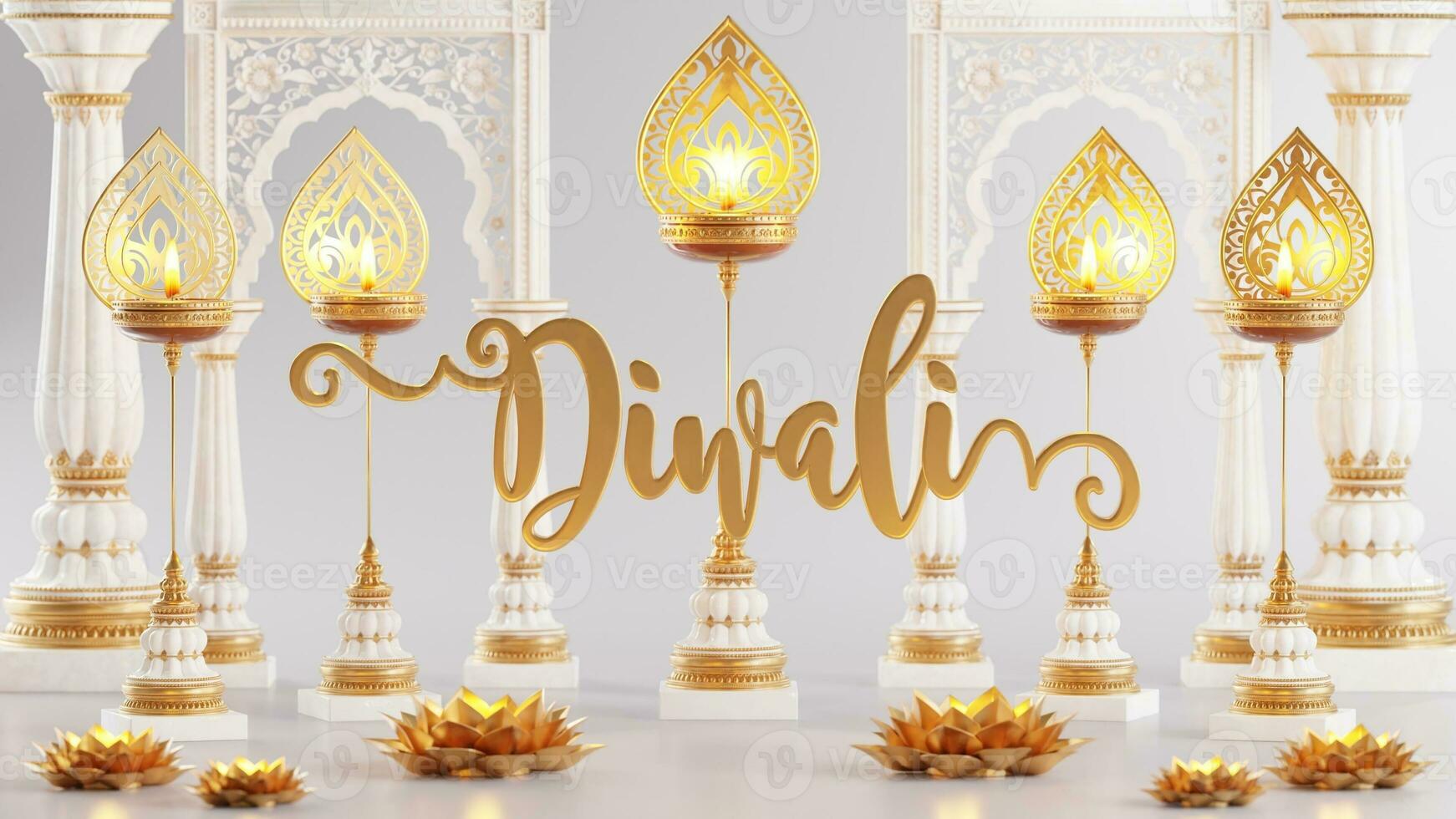 3D rendering for diwali festival Diwali, Deepavali or Dipavali the festival of lights india with gold diya on podium, patterned and crystals on color Background. photo