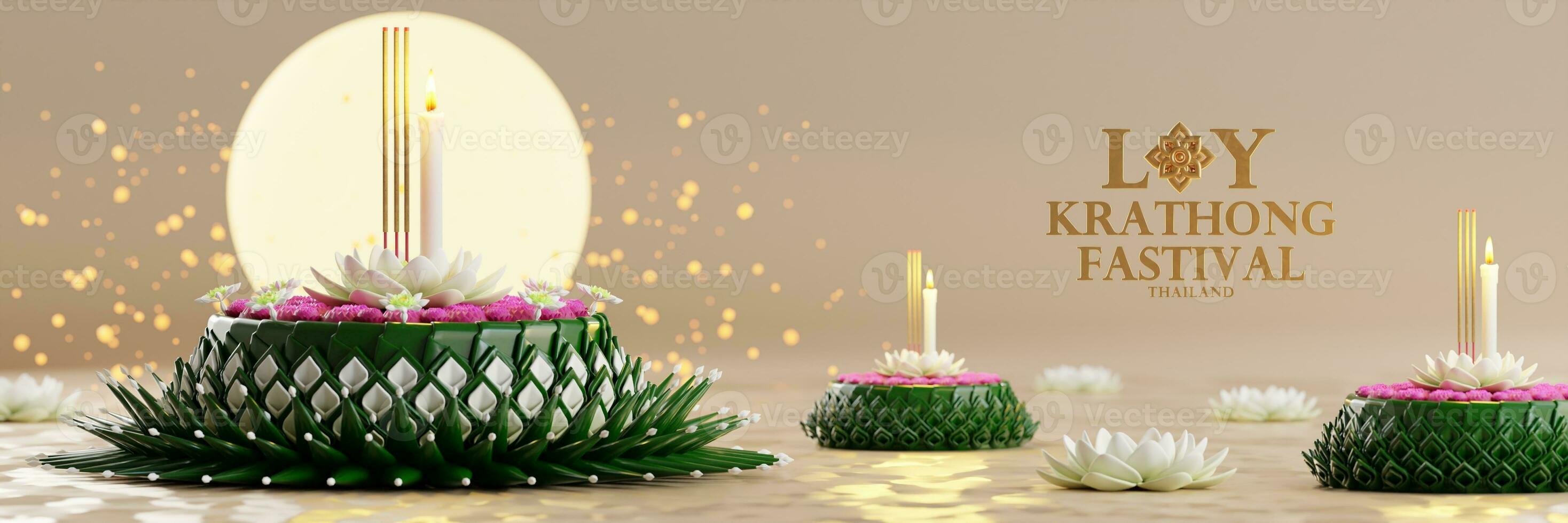 3d rendering illustration Loy Krathong festival  and Yi Peng festival in thailand  krathong from banana leaves, flowers, candles and incense sticks, fullmoon, river, and night background color. photo