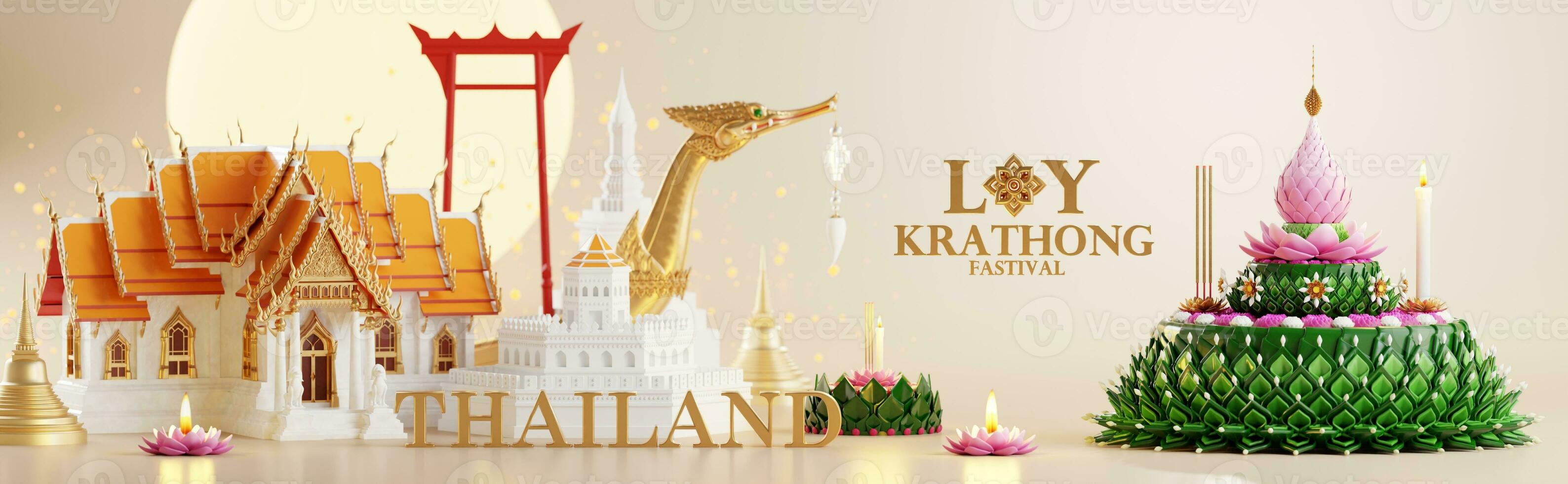 3d rendering illustration Loy Krathong festival  and Yi Peng festival in thailand  krathong from banana leaves, flowers, candles and incense sticks, fullmoon, river, and night background color. photo