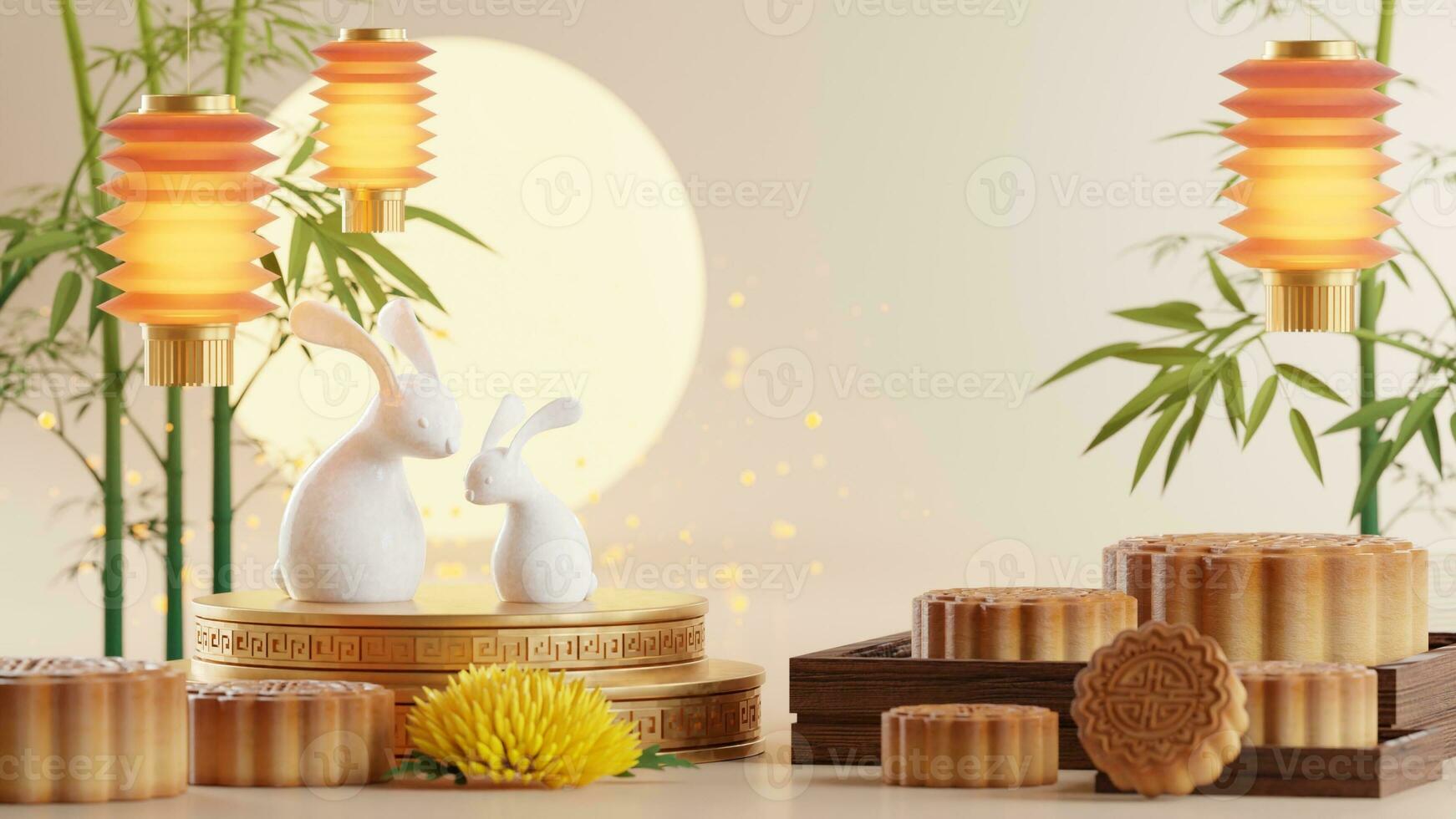 3D rendering for mid autumn festival holiday or chinese new year, chinese festivals with,lanterns, flower, moon, rabbit ,mooncake,tea pot and asian elements on background. photo