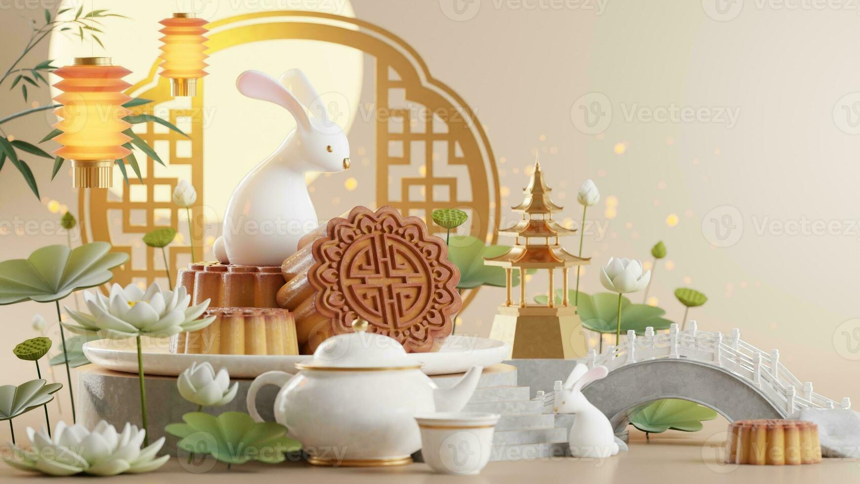 3D rendering for mid autumn festival holiday or chinese new year, chinese festivals with,lanterns, flower, moon, rabbit ,mooncake,tea pot and asian elements on background. photo