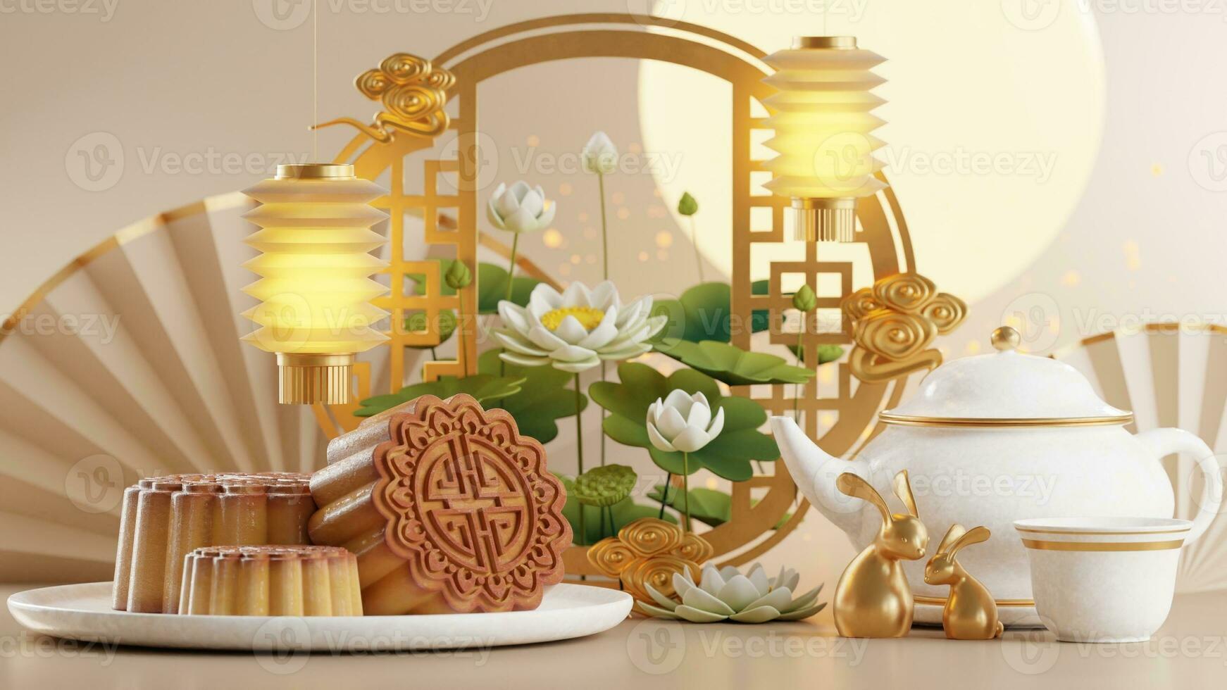 3D rendering for mid autumn festival holiday or chinese new year, chinese festivals with,lanterns, flower, moon, rabbit ,mooncake,tea pot and asian elements on background. photo