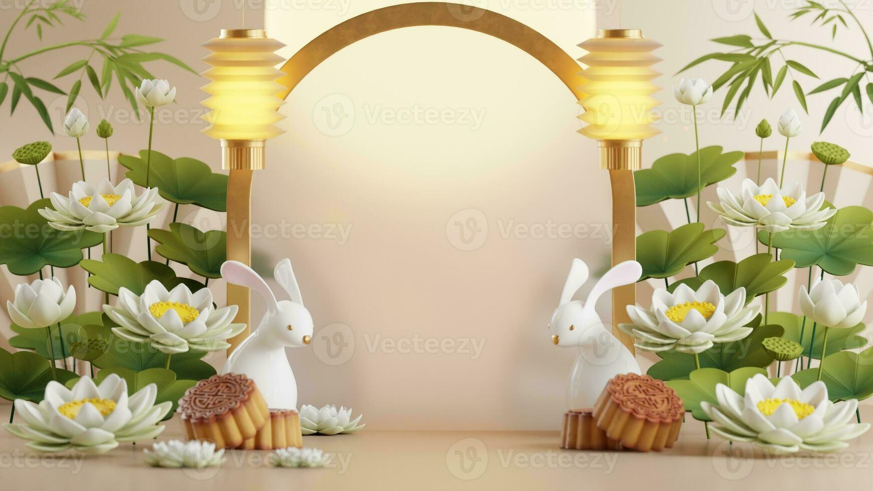 3D rendering for mid autumn festival holiday or chinese new year, chinese festivals with,lanterns, flower, moon, rabbit ,mooncake,tea pot and asian elements on background. photo