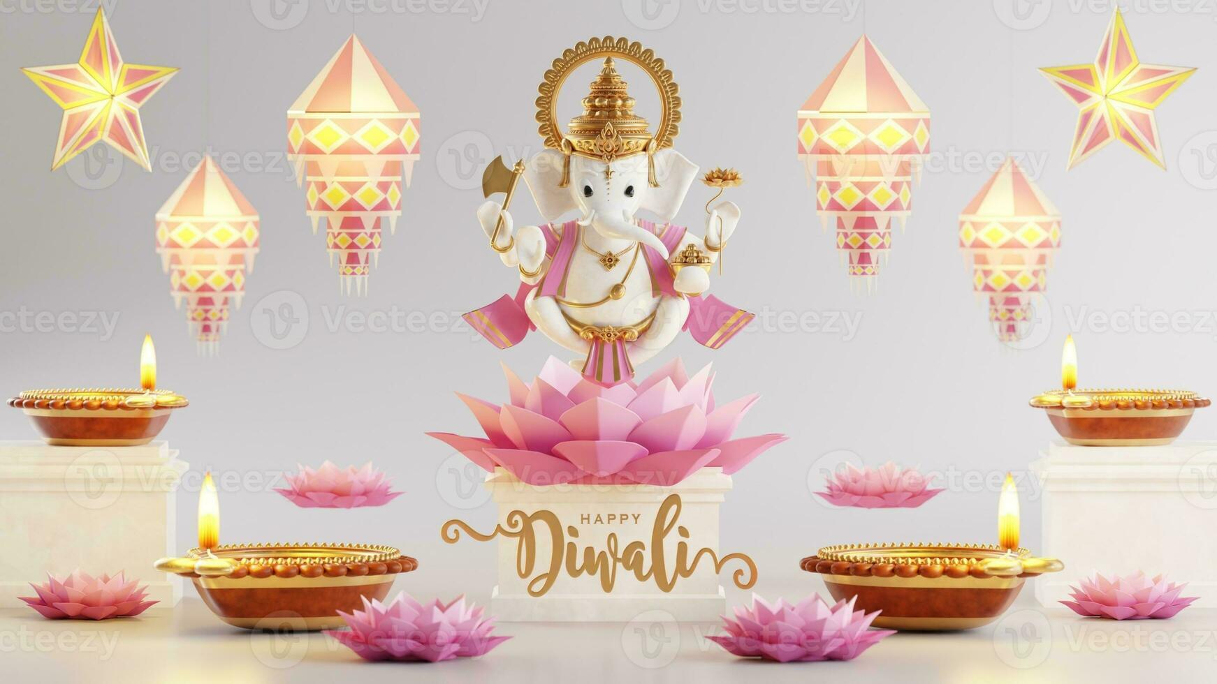 3D rendering for diwali festival Diwali, Deepavali or Dipavali the festival of lights india with gold diya on podium, patterned and crystals on color Background. photo