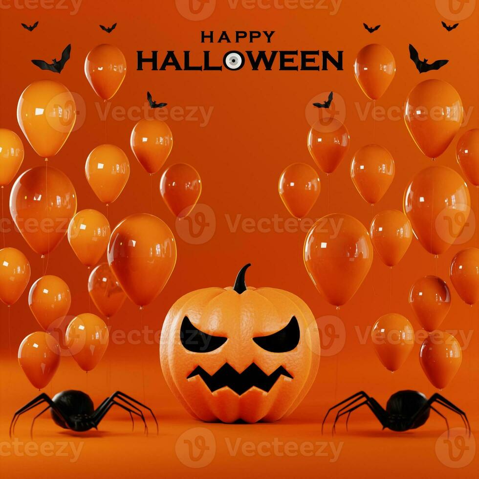 3d rendering illustration design for halloween banner with pumpkin,crucifix, skull, candle, candy, givebox ,grave on background. photo