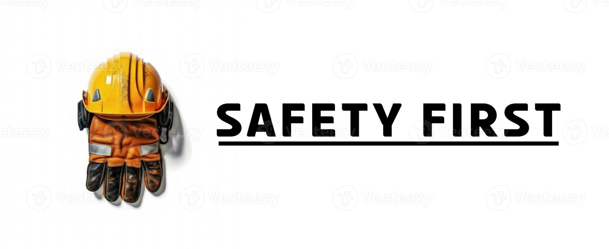 safety helmet with copy space area isolated in white background, top view photography, with safety first word   AI generated photo