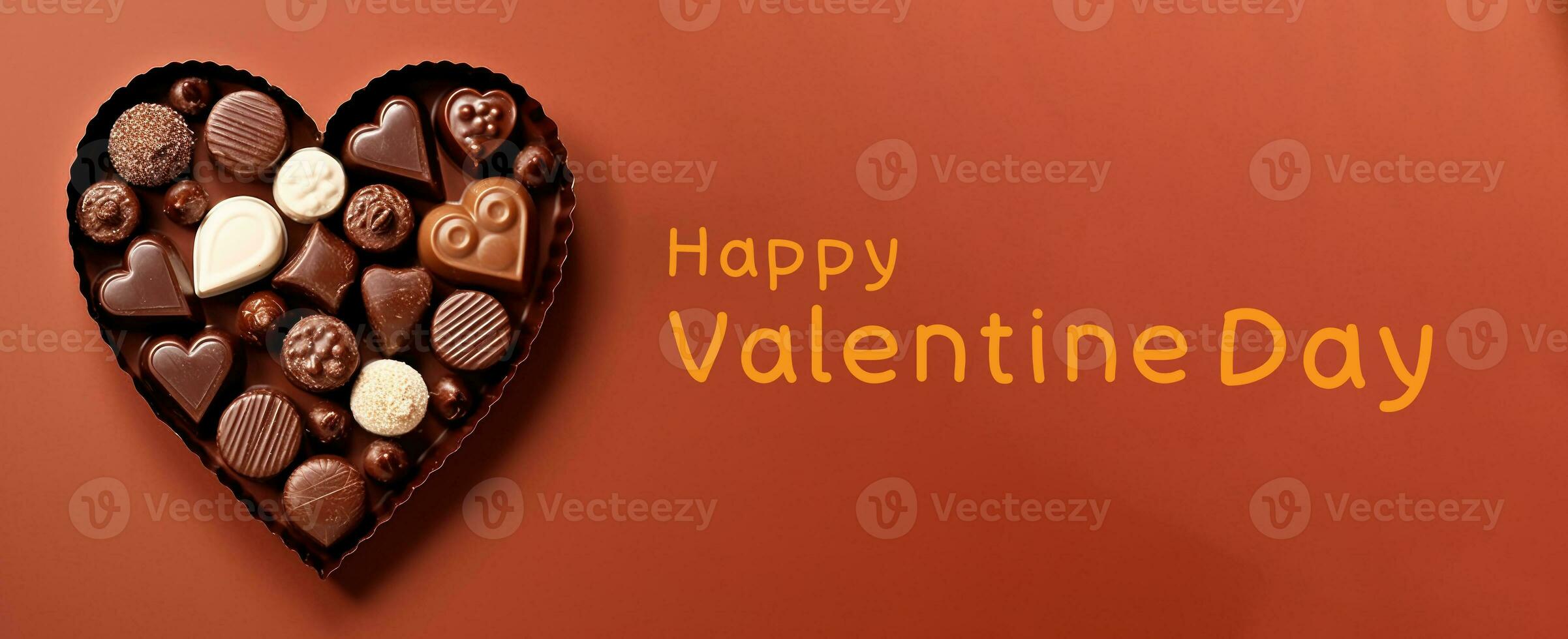 happy valentine day banner with chocolate love shape banner isolated in red background, top view photography  AI generated photo