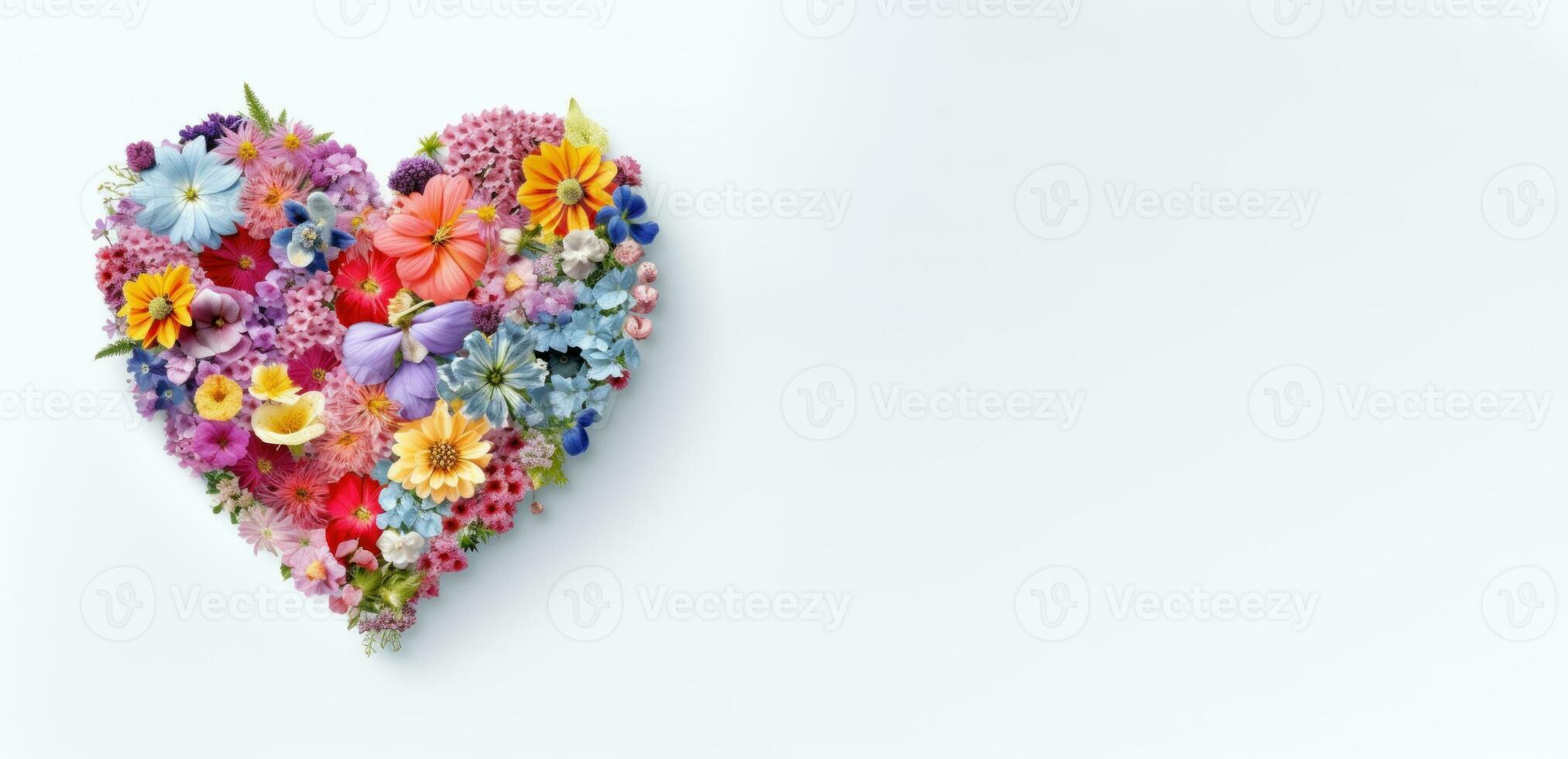 spring flowers in shape of heart layout. Flat lay bouquet. Love concept. isolated on white background top view photography ai generated photo