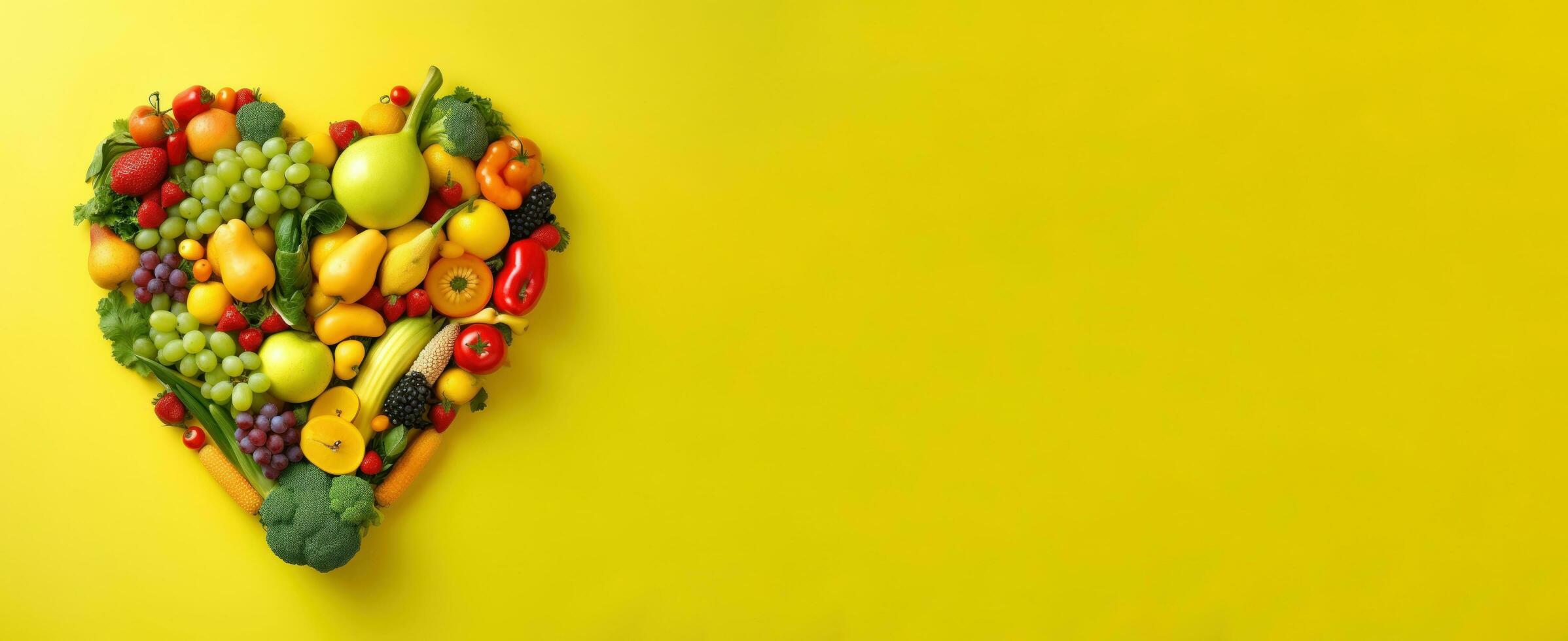 various color full  fruit love shape banner isolated in yellow background, top view photography, healthy life concept  AI generated photo