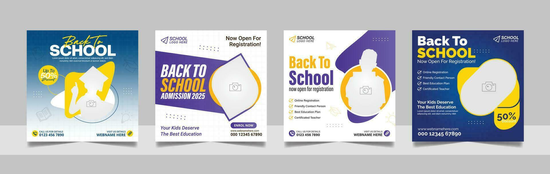 School admission social media post banner, educational social media post square flyer back to school web banner design template. vector