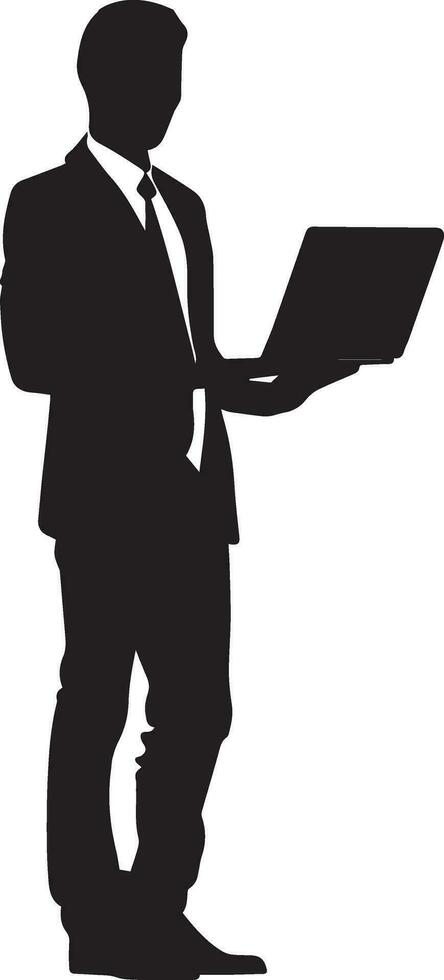 Business man stand with laptop vector silhouette illustration