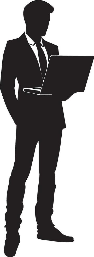 Business man stand with laptop vector silhouette illustration