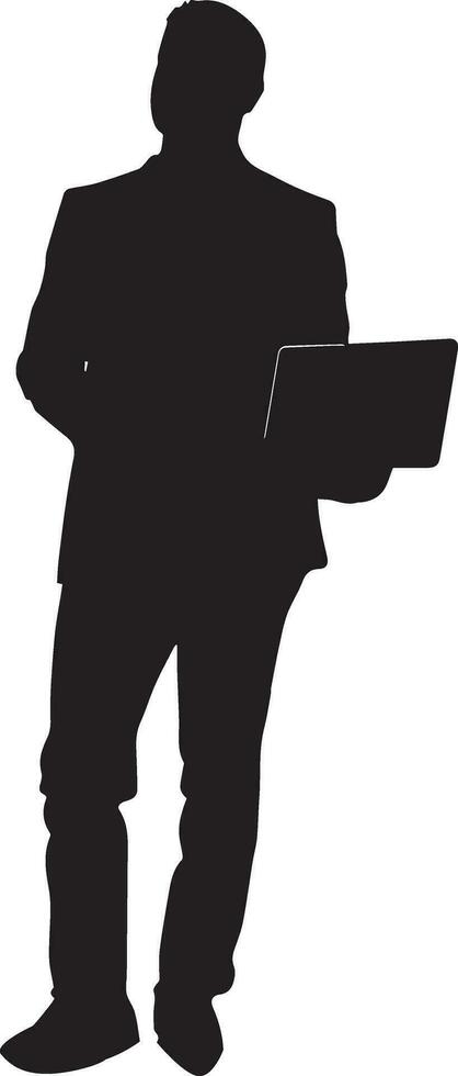 Business man stand with laptop vector silhouette illustration