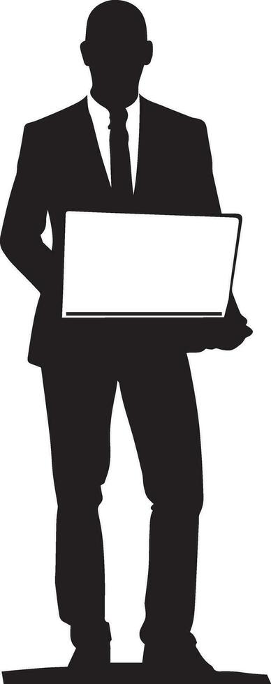 Business man stand with laptop vector silhouette illustration