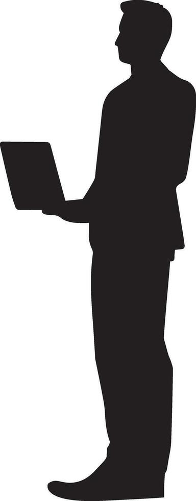 Business man stand with laptop vector silhouette illustration