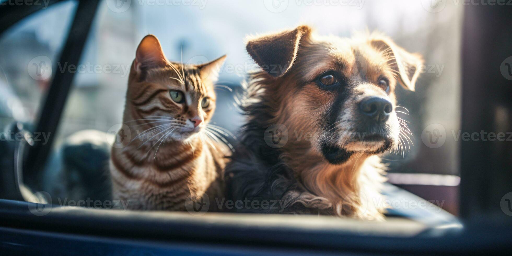 Dog and cat sitting inside a car on a road trip. Created with Generative AI technology photo