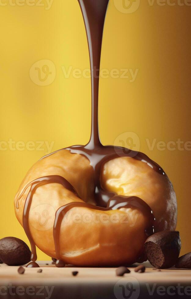 Tasty chocolate glaze dripping on donut on wooden tabletop. Created with Generative AI technology photo