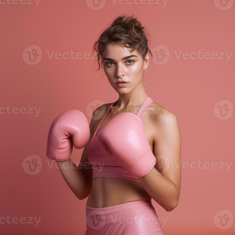 Woman wearing pink boxing gloves in support of breast cancer awareness. Created with Generative AI technology photo
