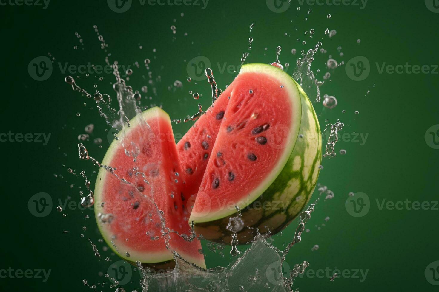 Watermelon floating with splashing water on green background. Created with Generative AI technology photo