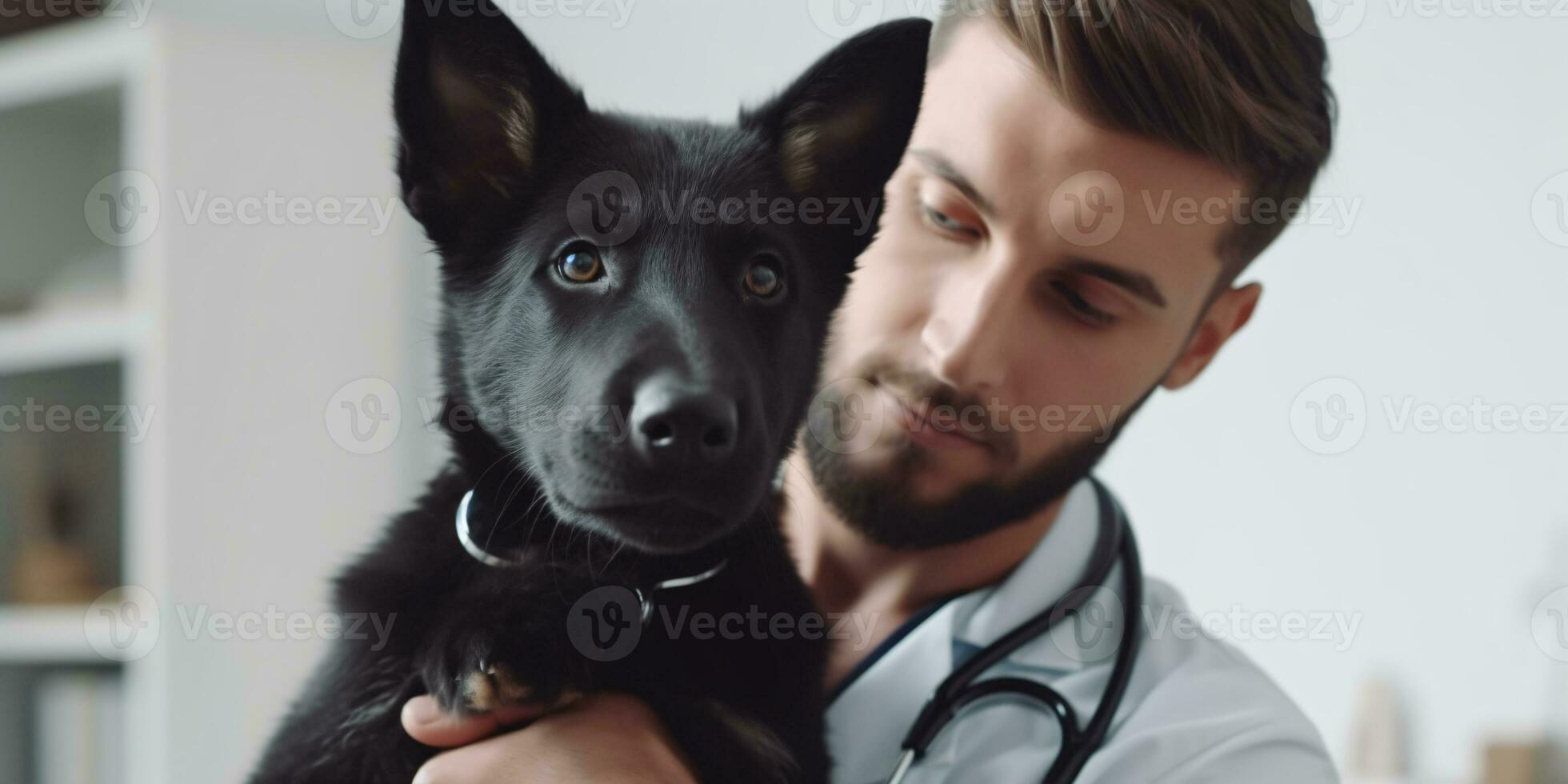 Vet holding a black dog in his arms examining. Created with Generative AI technology photo