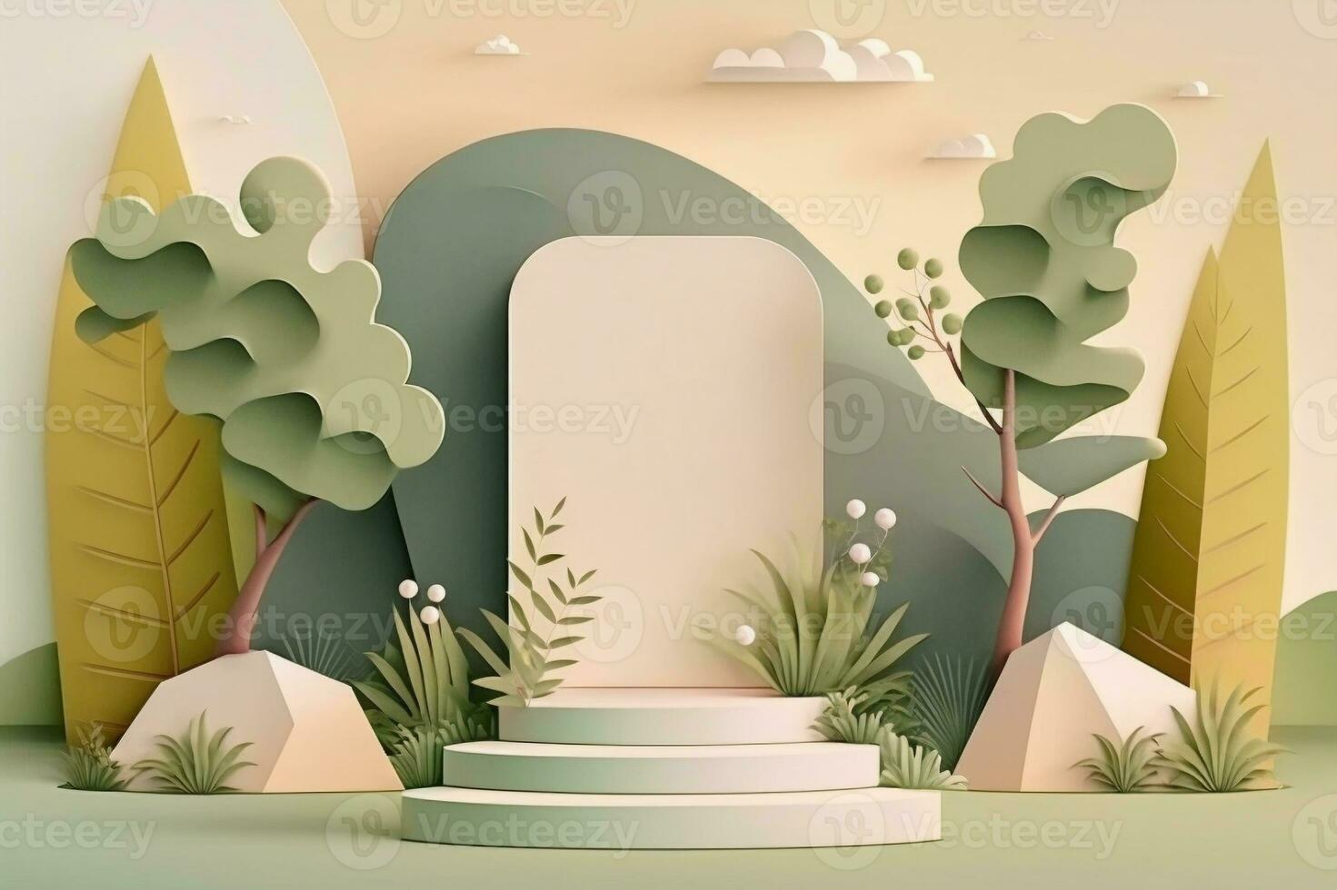 Paper cut style forest display background. Created with Generative AI photo
