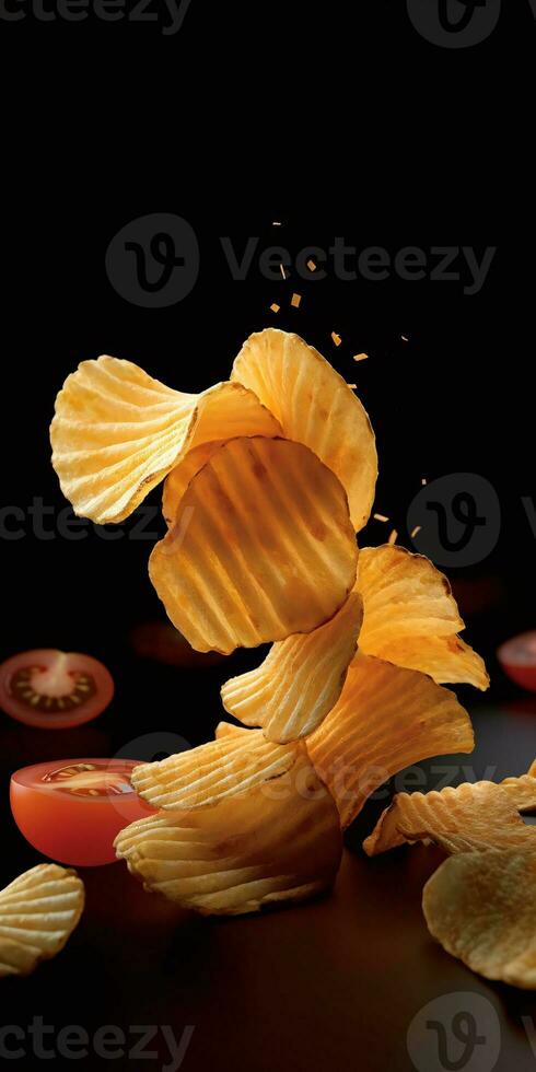 Bunch of wave cut potato chips falling into the air with cherry tomato on dark background. Created with Generative AI technology photo