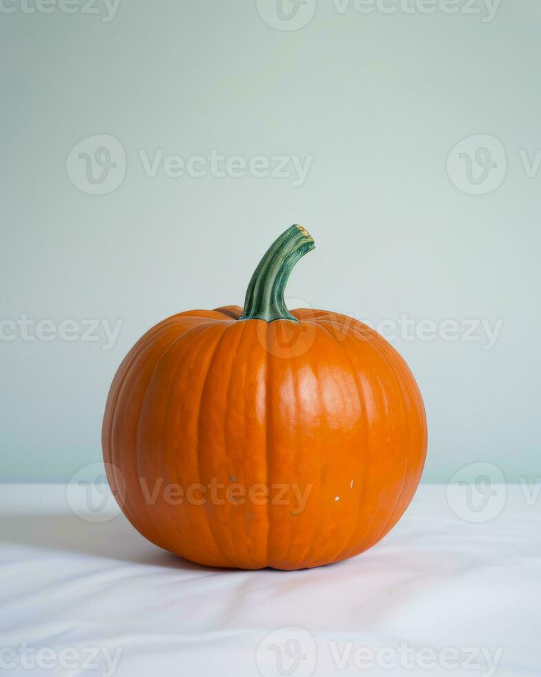 Orange pumpkin on white surface with pale blue background. Created with Generative AI technology photo