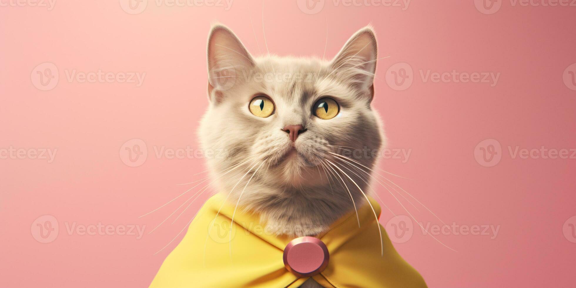 Adorable cat wearing a yellow cape on pink background. Created with Generative AI technology photo