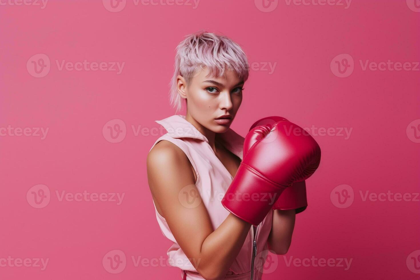 Woman with pink mullet hair wearing pink boxing gloves in support of breast cancer awareness. Created with Generative AI technology photo